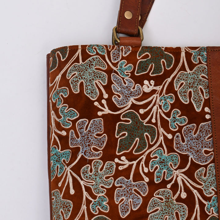 Handcrafted Goat Leather & Embroidered Fabric Tote
