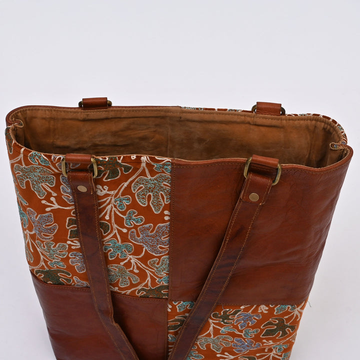 Handcrafted Goat Leather & Embroidered Fabric Tote
