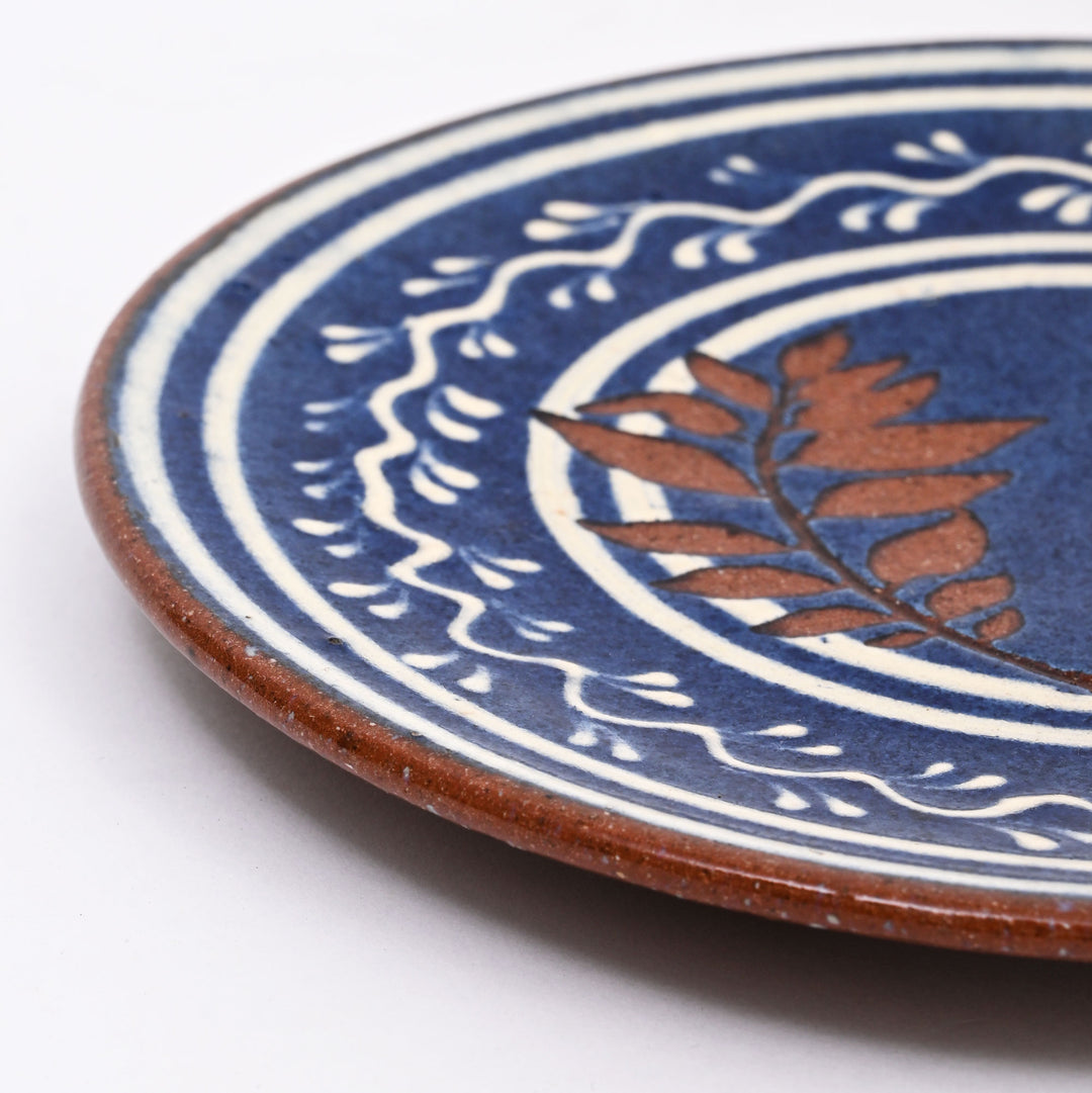 Handmade Terracotta Serving Plate – Blue & White Slip with Glazed Finish