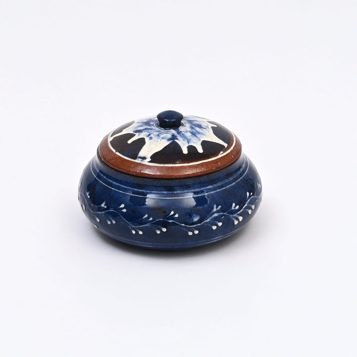 Handmade Terracotta Handi – White & Blue Slip with Glazed Finish