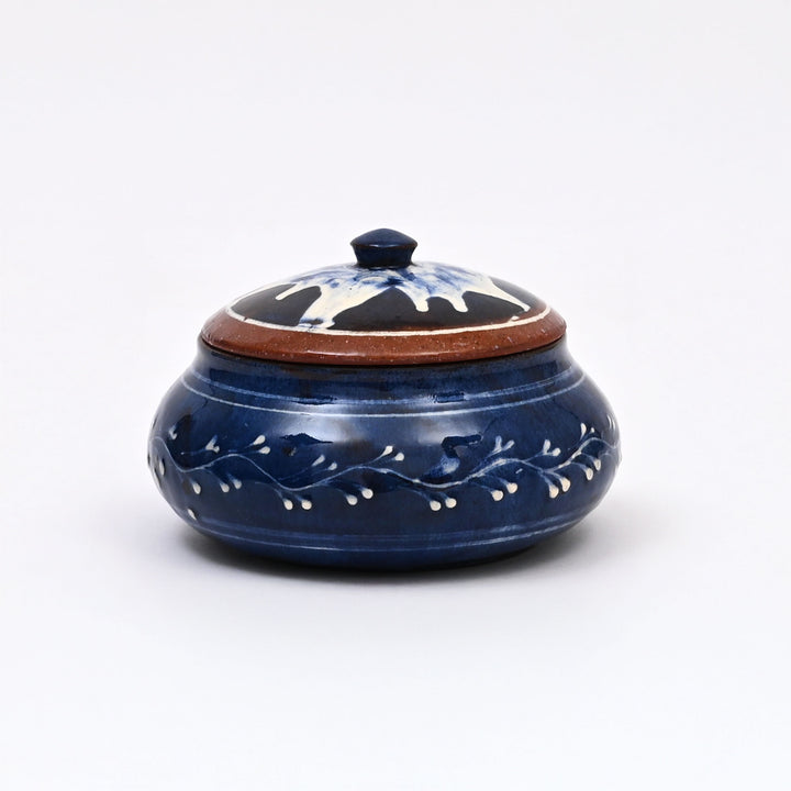Handmade Terracotta Handi – White & Blue Slip with Glazed Finish