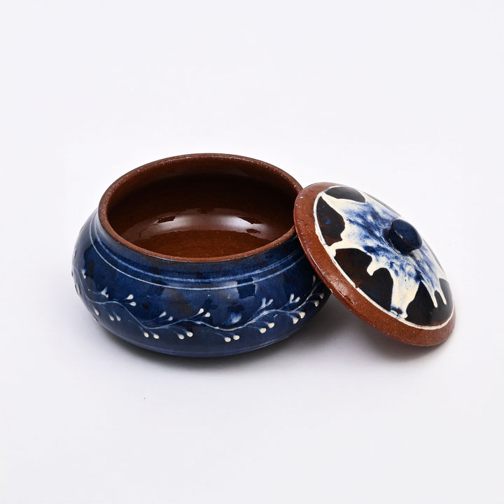 Handmade Terracotta Handi – White & Blue Slip with Glazed Finish