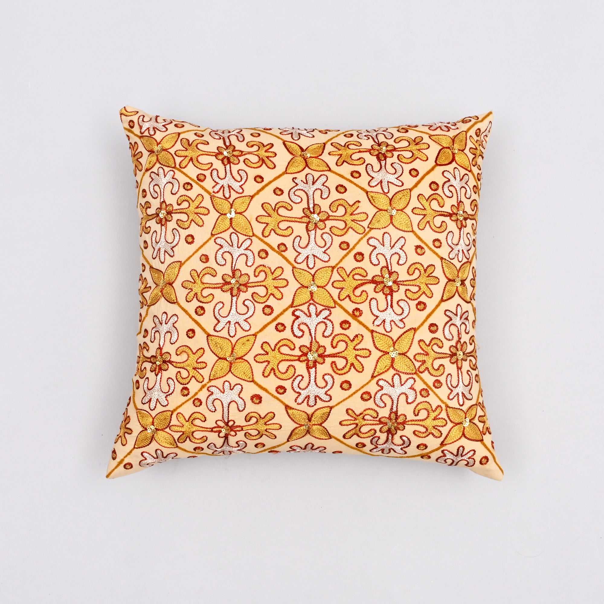 Marigold Morning Embroidered Pillow Cover | Handcrafted 16x16 Aari Stitch Glow