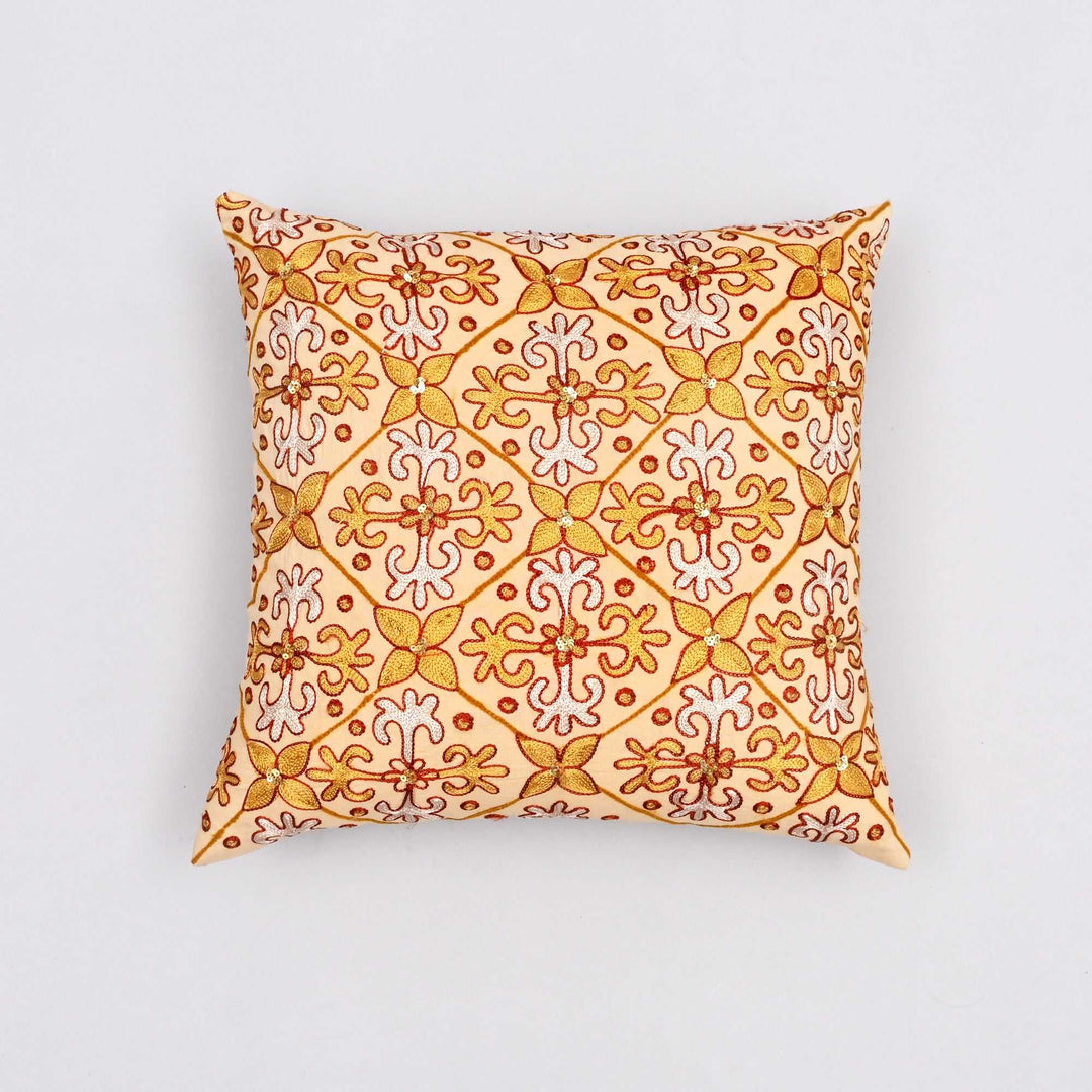 Marigold Morning Embroidered Pillow Cover | Handcrafted 16x16 Aari Stitch Glow