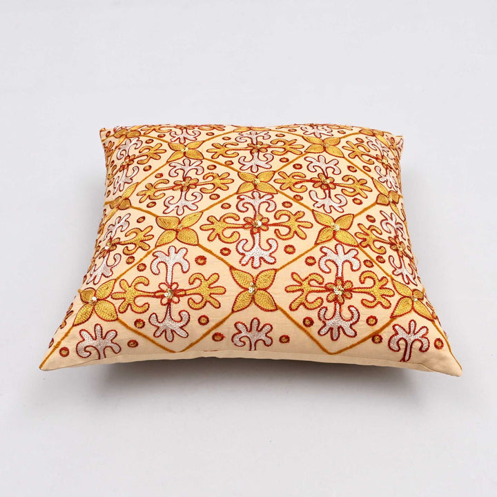 Marigold Morning Embroidered Pillow Cover | Handcrafted 16x16 Aari Stitch Glow
