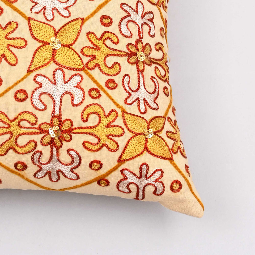 Marigold Morning Embroidered Pillow Cover | Handcrafted 16x16 Aari Stitch Glow