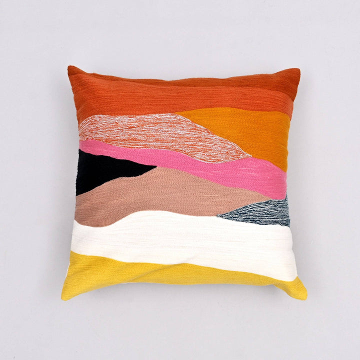 Scenic Stitches Crewel Pillow Cover | Hand-Embroidered 18x18 Landscape Art