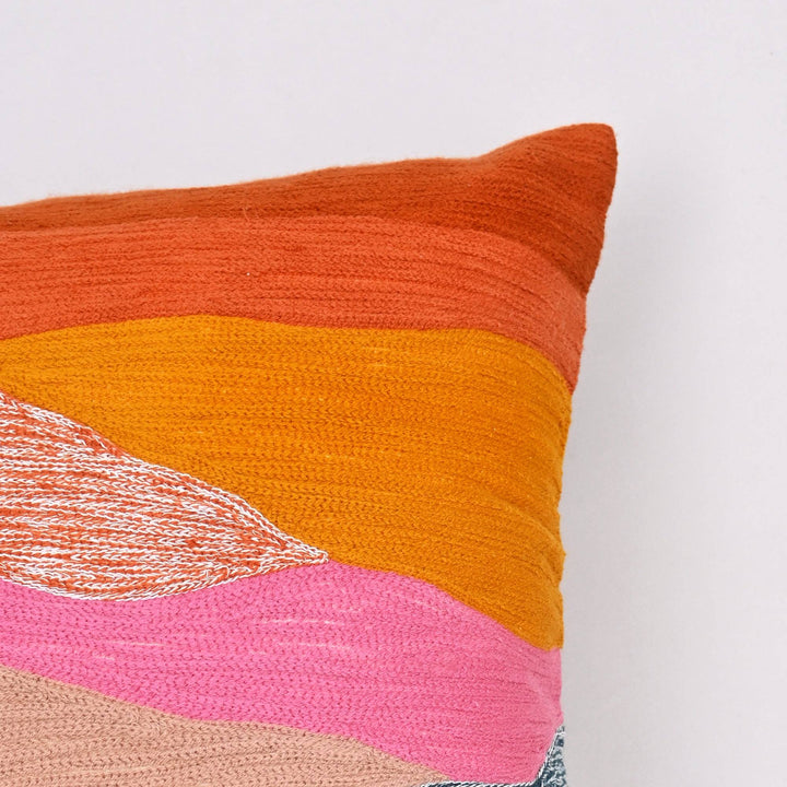 Scenic Stitches Crewel Pillow Cover | Hand-Embroidered 18x18 Landscape Art