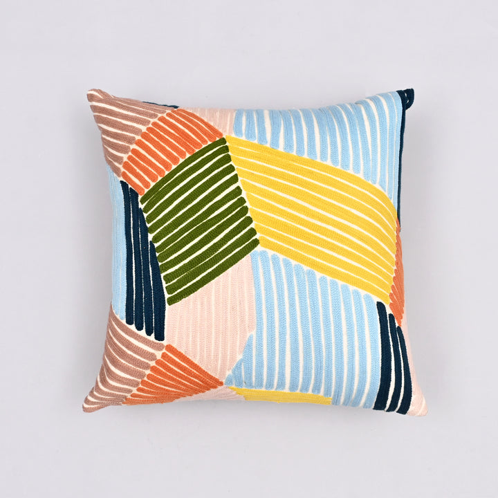 Blocked Brilliance Crewel Pillow Cover | Hand-Embroidered 18x18 Modern Lines