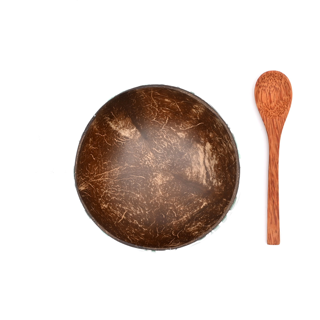 Hand-Painted Leaf Motif Coconut Bowl with Wooden Spoon