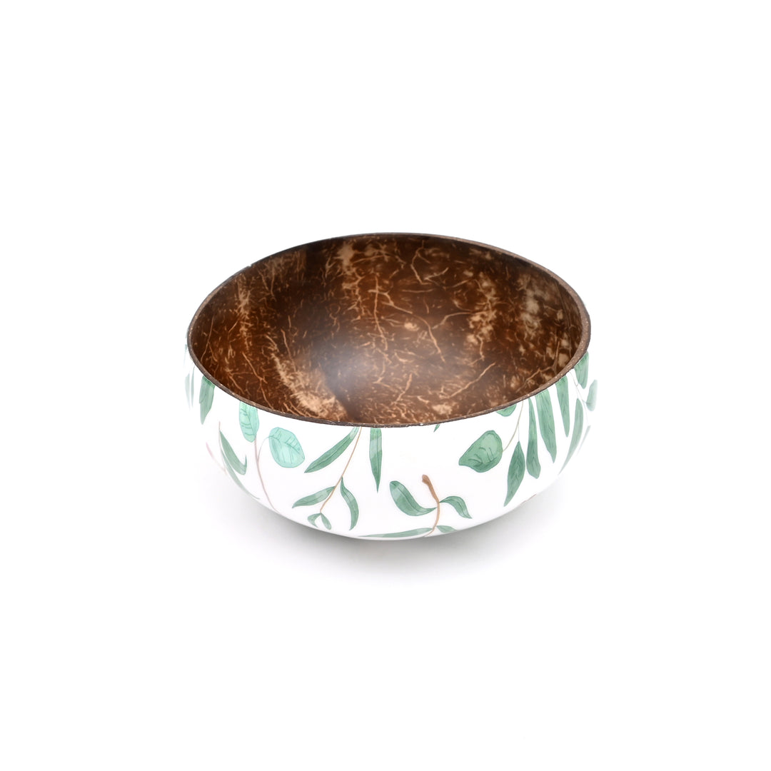 Hand-Painted Leaf Motif Coconut Bowl with Wooden Spoon