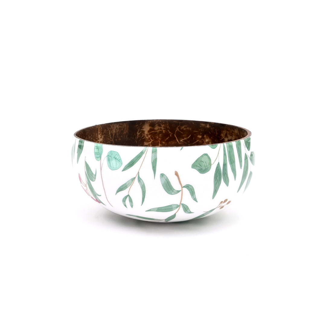 Hand-Painted Leaf Motif Coconut Bowl with Wooden Spoon
