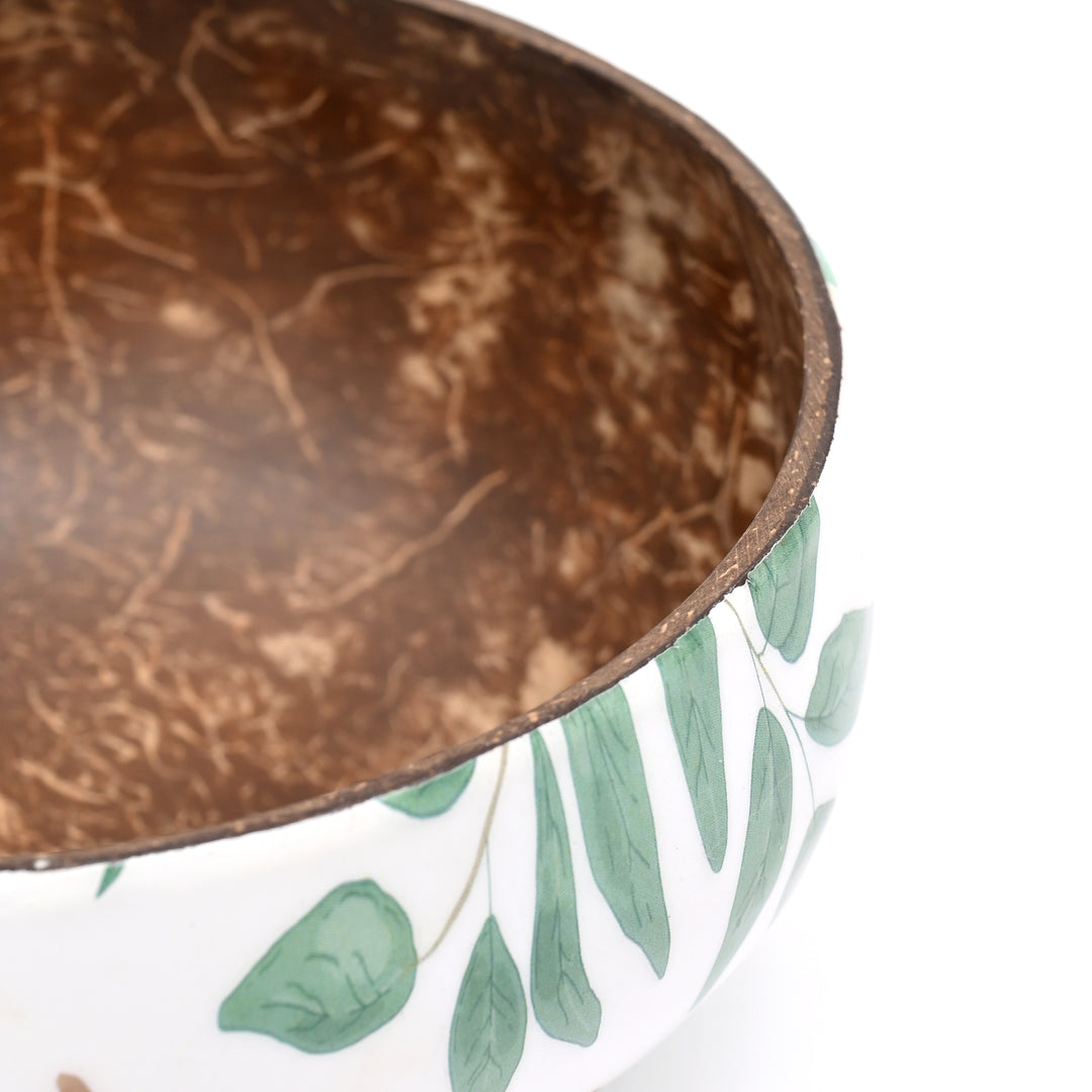 Hand-Painted Leaf Motif Coconut Bowl with Wooden Spoon