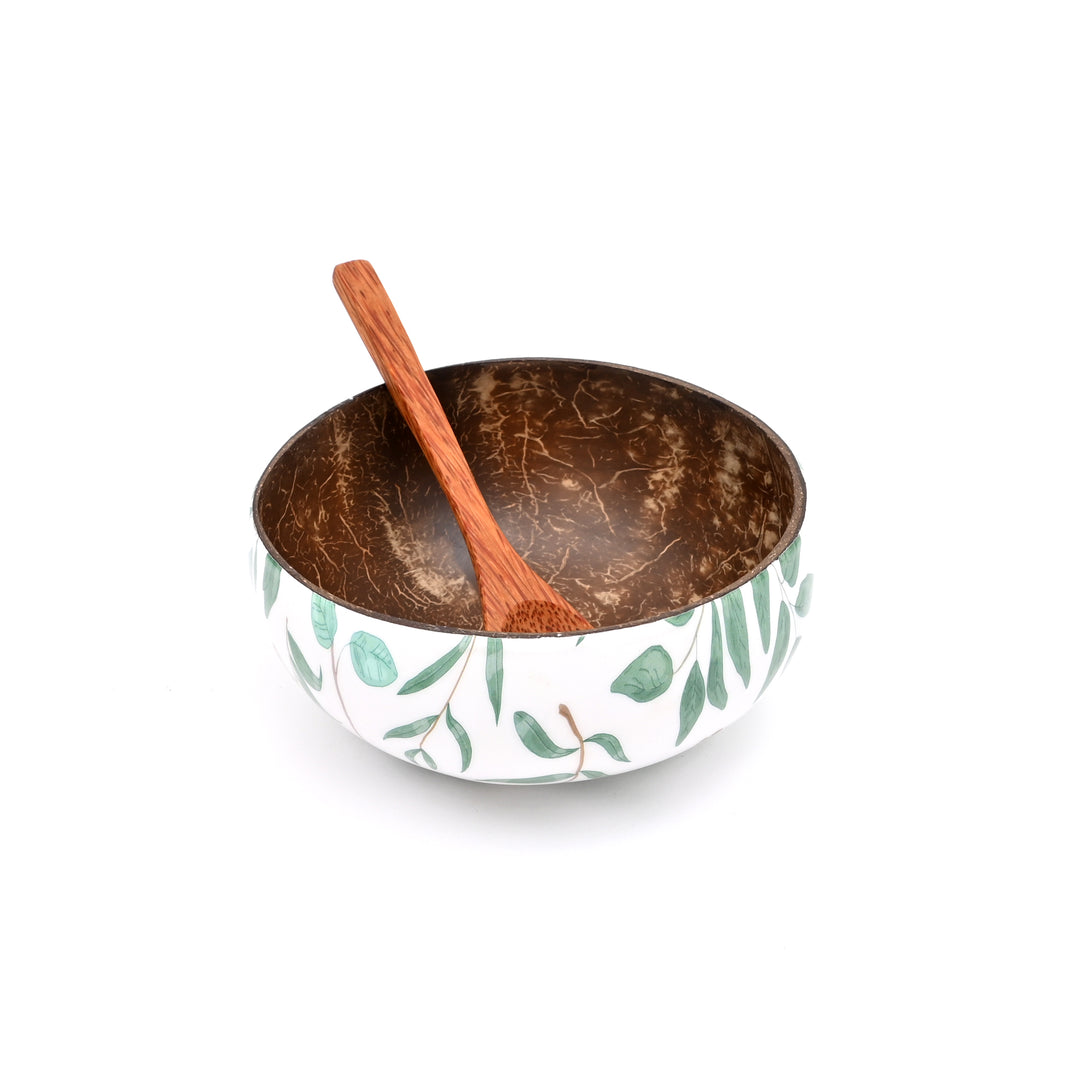 Hand-Painted Leaf Motif Coconut Bowl with Wooden Spoon