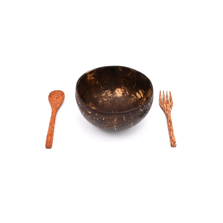 Carved Coconut Shell Bowl and Cutlery Set