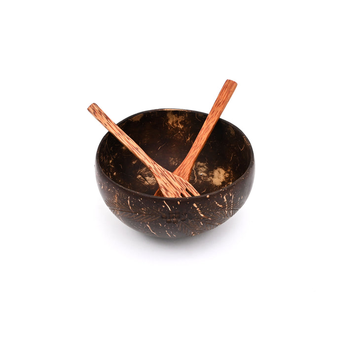 Carved Coconut Shell Bowl and Cutlery Set