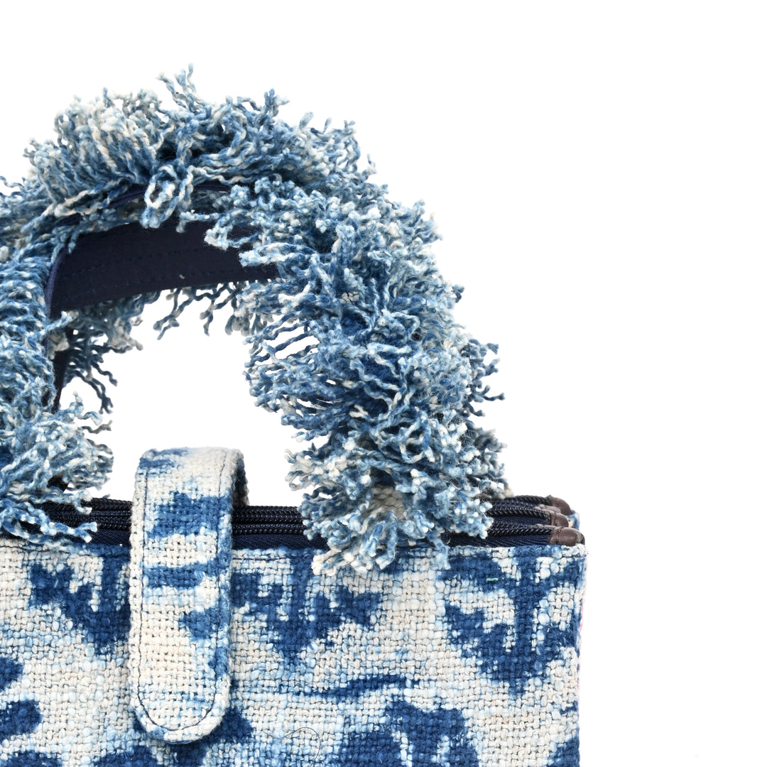 Handcrafted Boho Organizer Tote | white blue bag