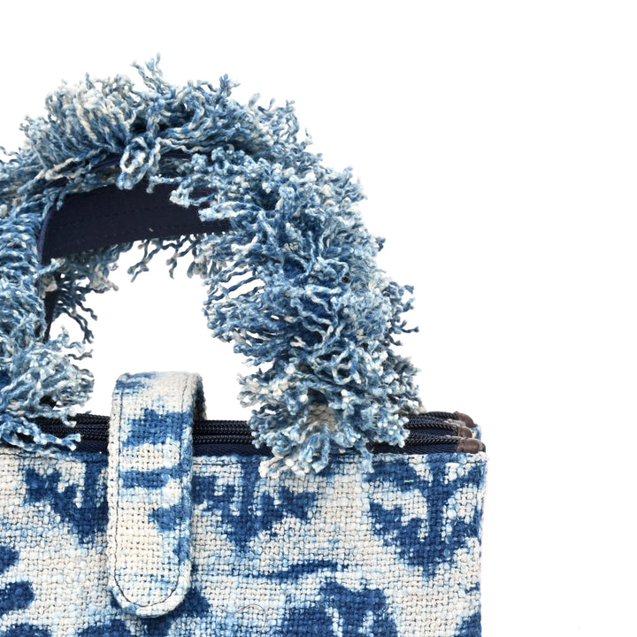Handcrafted Boho Organizer Tote | white blue bag