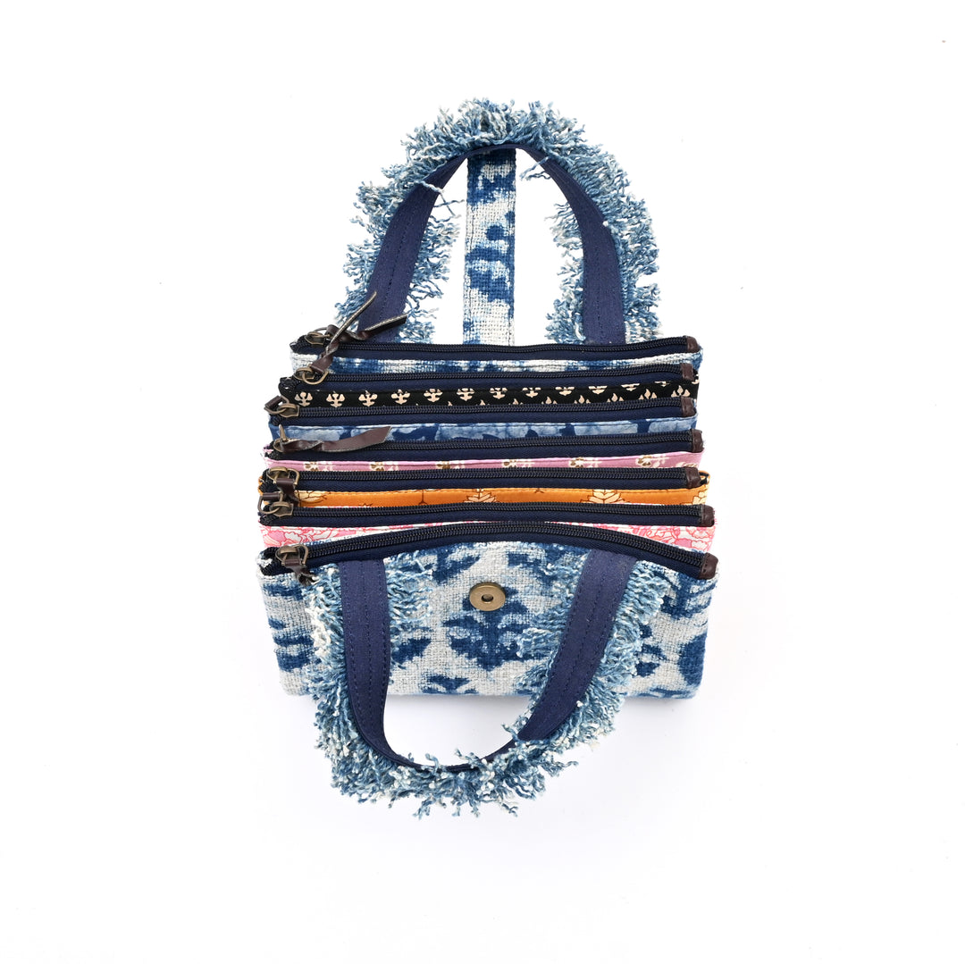 Handcrafted Boho Organizer Tote | white blue bag