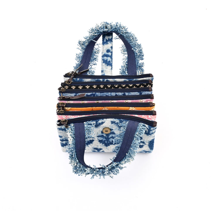 Handcrafted Boho Organizer Tote | white blue bag