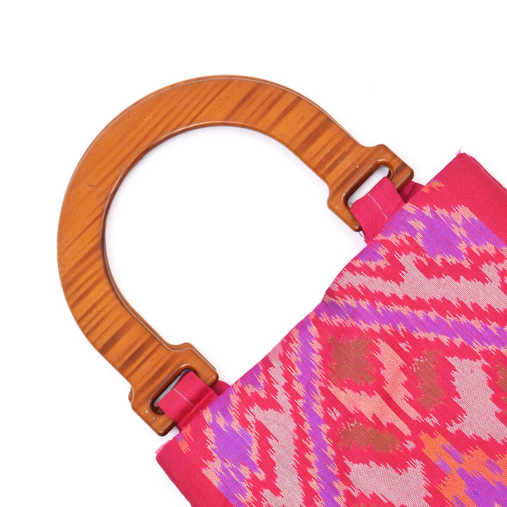 Patola Silk Handloom Fabric Bag – Pink Ikat with Wooden Handle