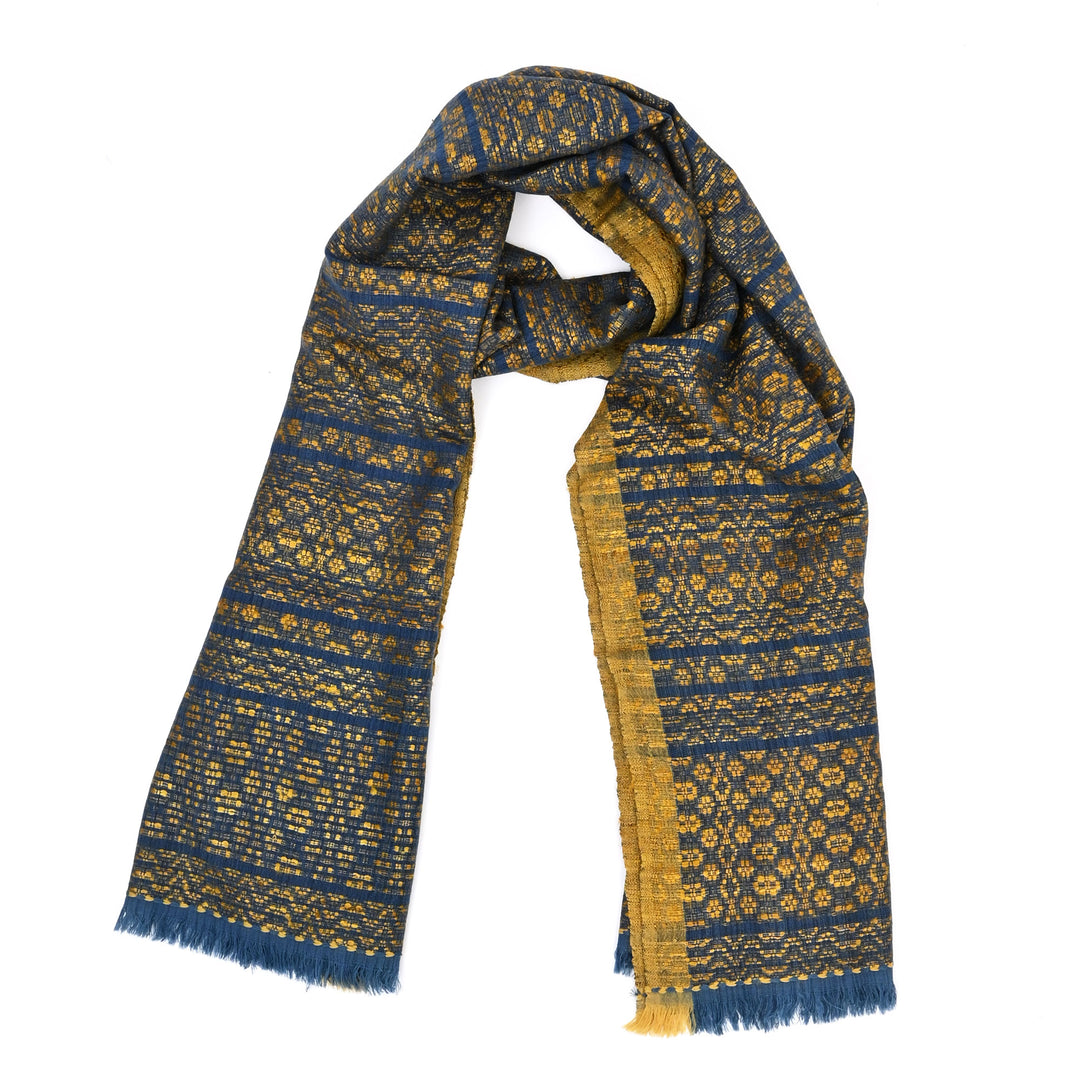 Handcrafted Tussar Silk & Merino Wool Dupatta – Blue & Gold