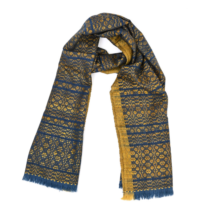 Handcrafted Tussar Silk & Merino Wool Dupatta – Blue & Gold