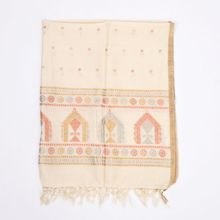 Handwoven Tussar & Mulberry Silk Shawl – Off-White with Geometric Motifs