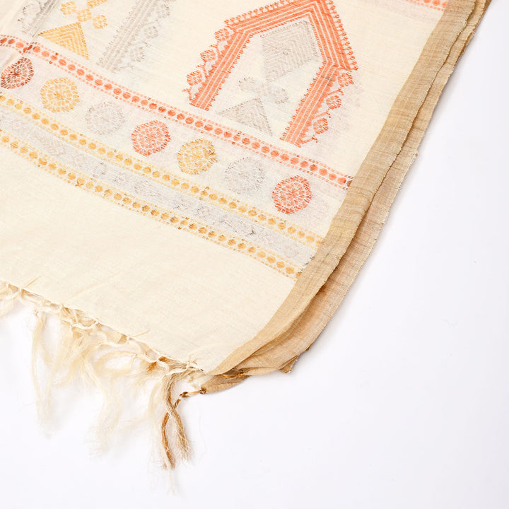Handwoven Tussar & Mulberry Silk Shawl – Off-White with Geometric Motifs
