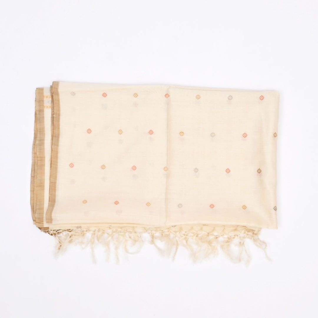 Handwoven Tussar & Mulberry Silk Shawl – Off-White with Geometric Motifs