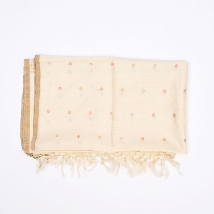 Handwoven Tussar & Mulberry Silk Shawl – Off-White with Geometric Motifs