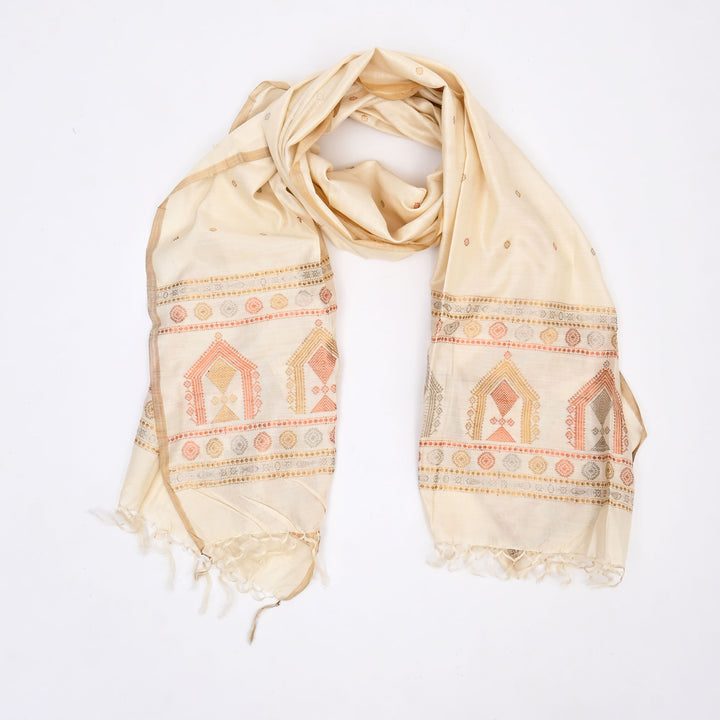 Handwoven Tussar & Mulberry Silk Shawl – Off-White with Geometric Motifs