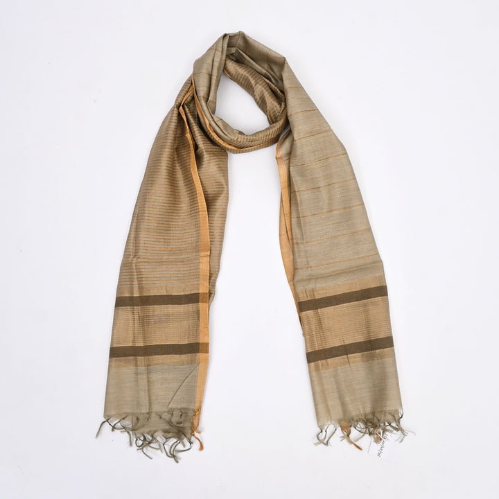 Handwoven Mulberry Silk Stole with Zari Border – Light Olive Green