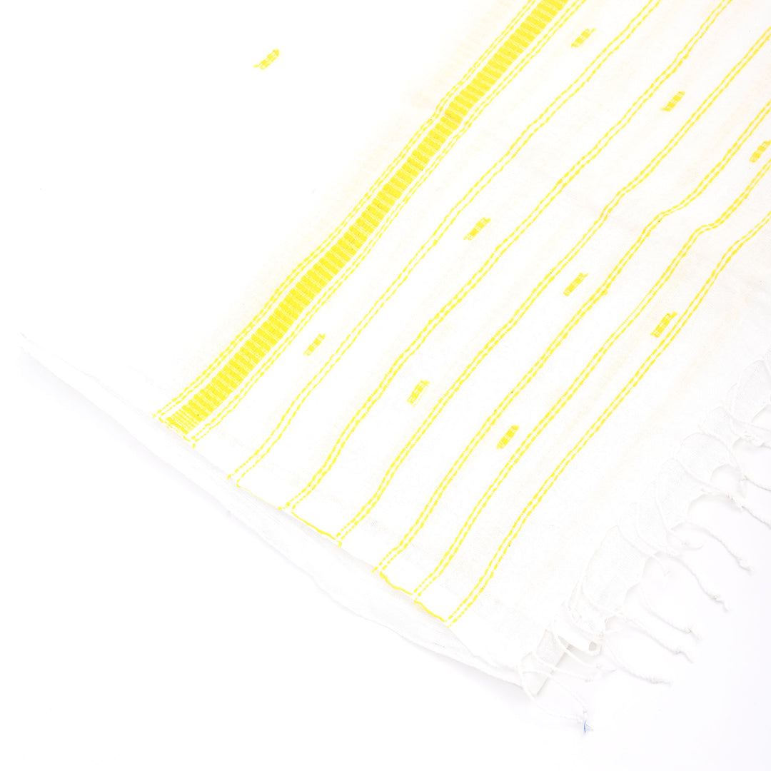Handloom White Cotton Stole with Yellow Striped Border