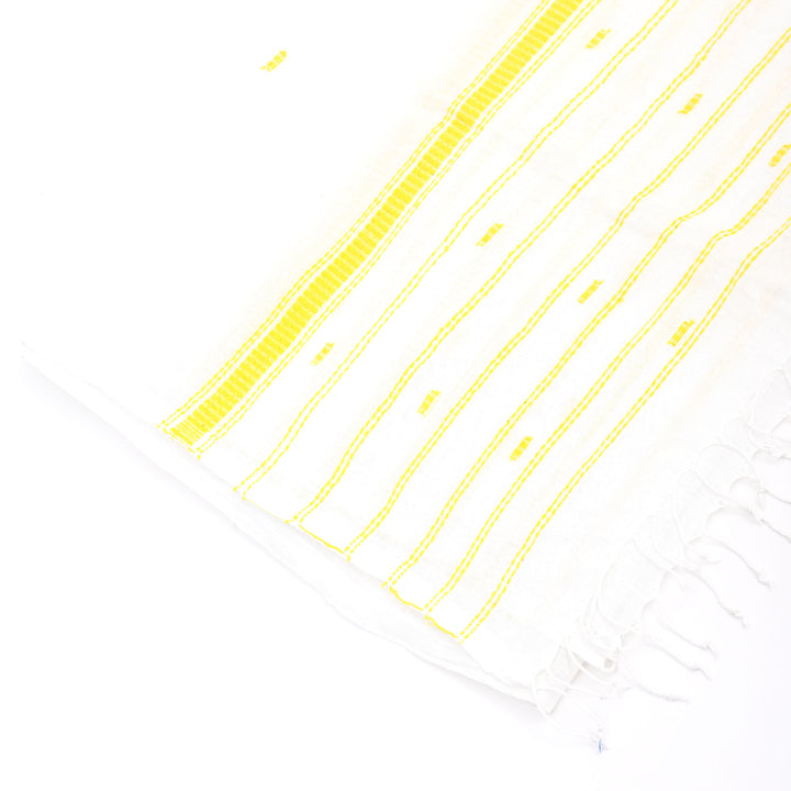 Handloom White Cotton Stole with Yellow Striped Border