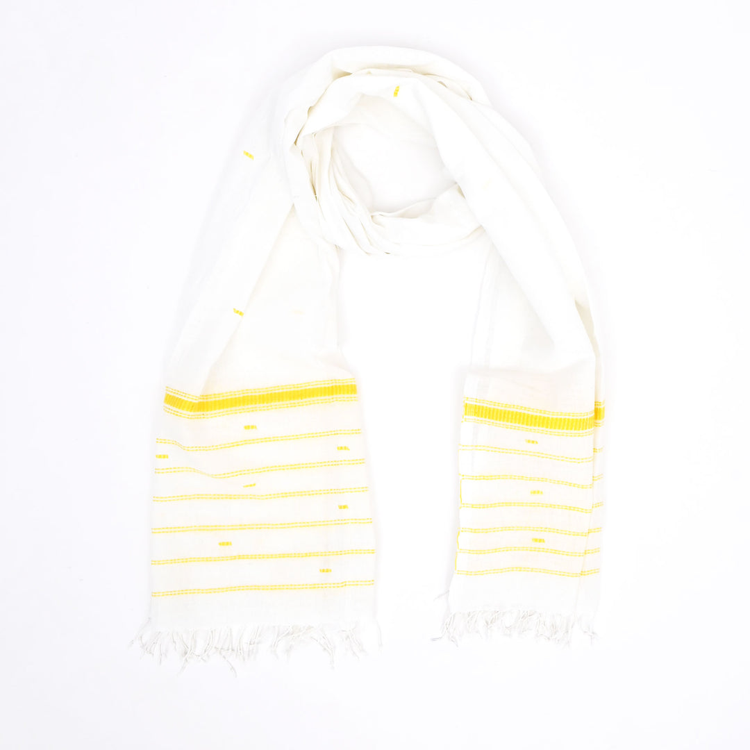 Handloom White Cotton Stole with Yellow Striped Border