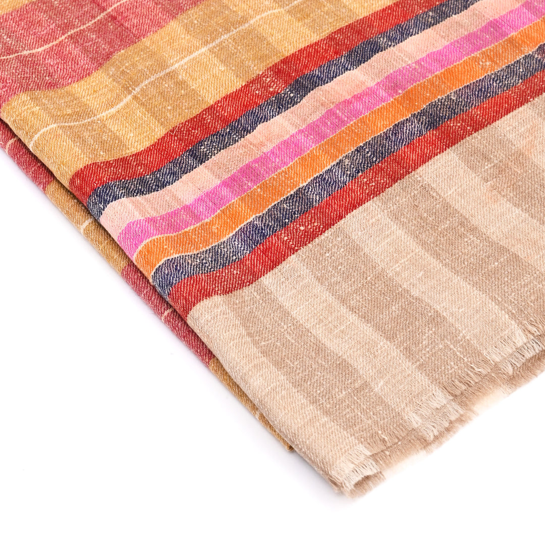 Handloom Pashmina Shawl – Stripe Checkdar Design in Golden Beige and Purple