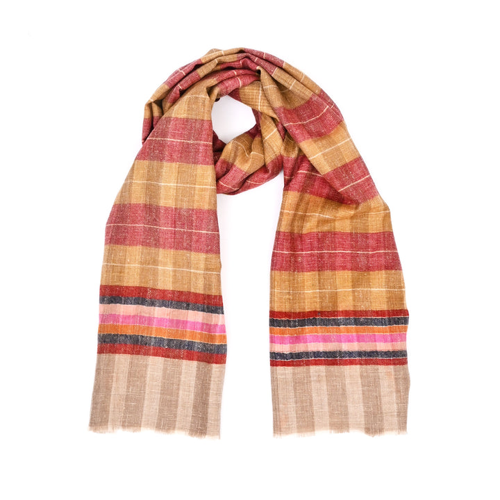 Handloom Pashmina Shawl – Stripe Checkdar Design in Golden Beige and Purple