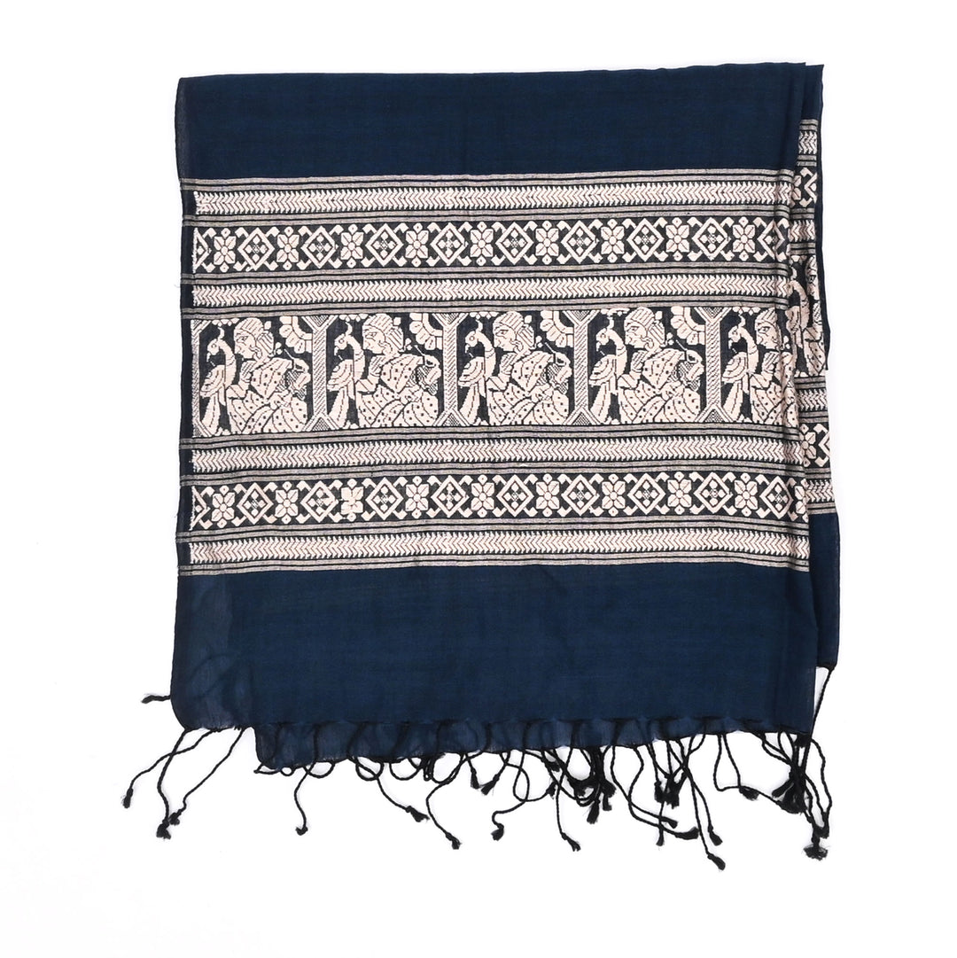 Indigo Cotton Baluchari Stole – Woven Heritage Elegance