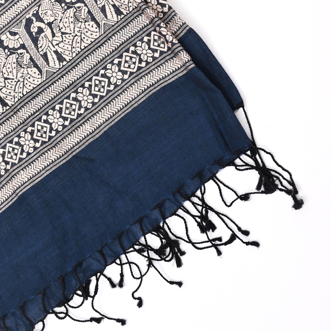 Indigo Cotton Baluchari Stole – Woven Heritage Elegance