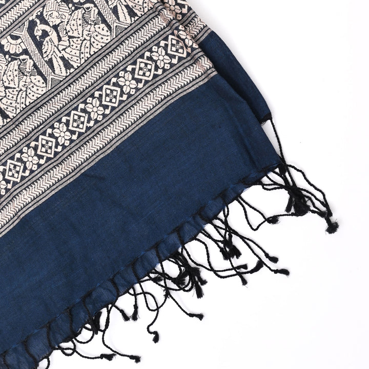Indigo Cotton Baluchari Stole – Woven Heritage Elegance