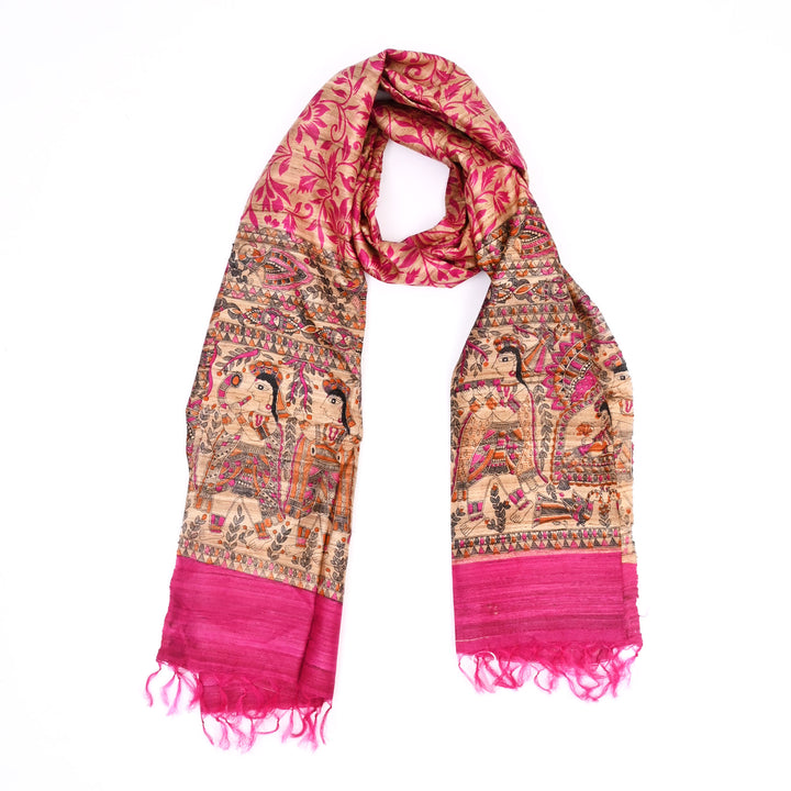 Artisan Handloom Silk Stole with Madhu Bani & Floral Motifs