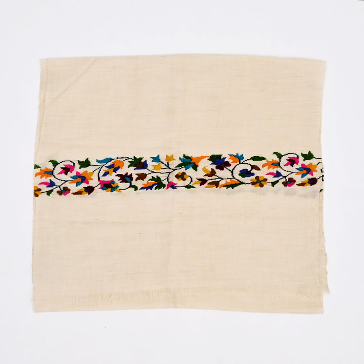 Kani Pashmina Muffler - White Kashmiri Art
