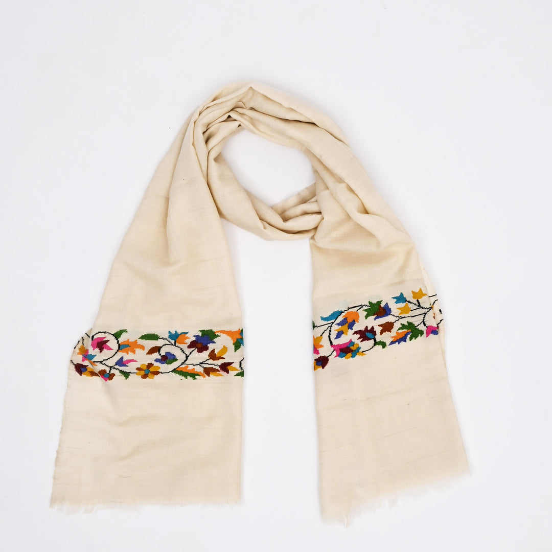 Kani Pashmina Muffler - White Kashmiri Art