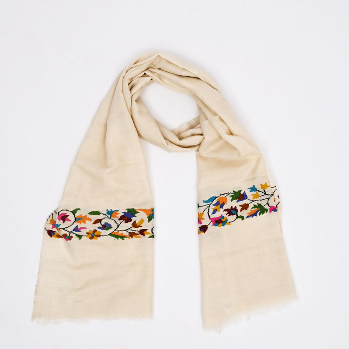 Kani Pashmina Muffler - White Kashmiri Art