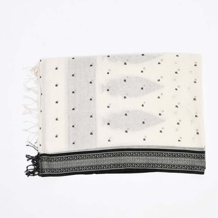 Handwoven Cotton Jamdani Dupatta – White & Black Elegance