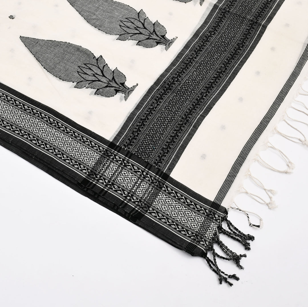 Handwoven Cotton Jamdani Dupatta – White & Black Elegance