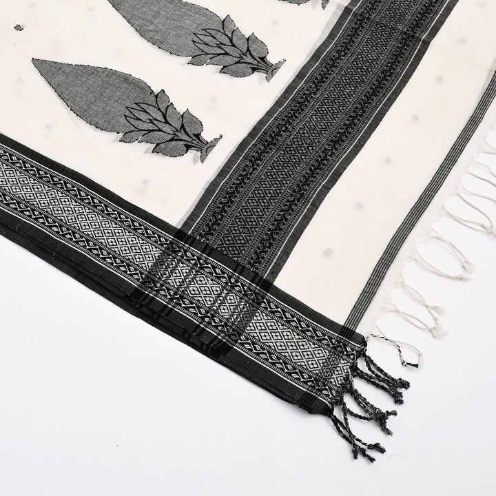 Handwoven Cotton Jamdani Dupatta – White & Black Elegance