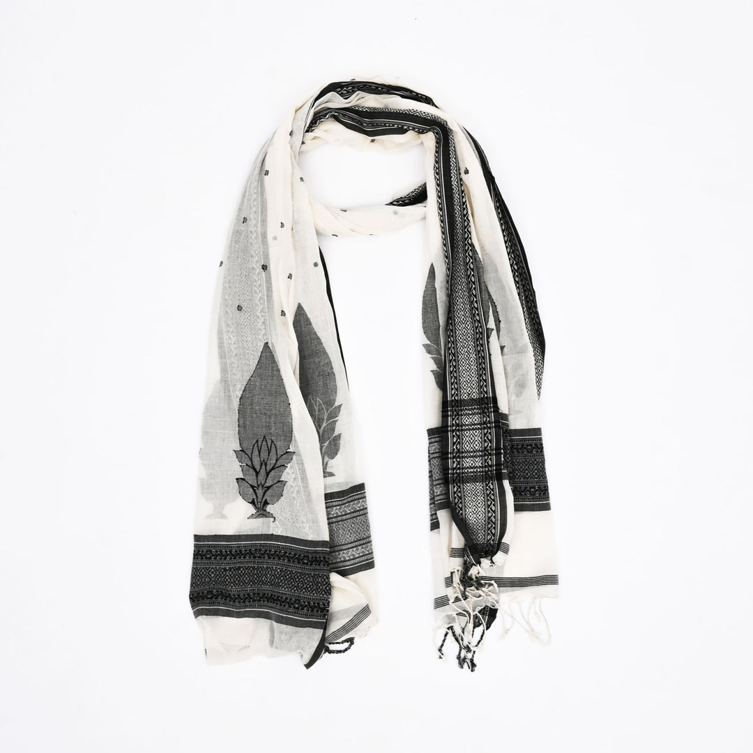 Handwoven Cotton Jamdani Dupatta – White & Black Elegance