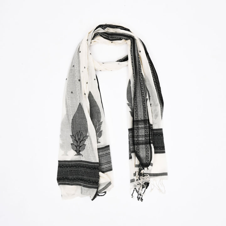 Handwoven Cotton Jamdani Dupatta – White & Black Elegance